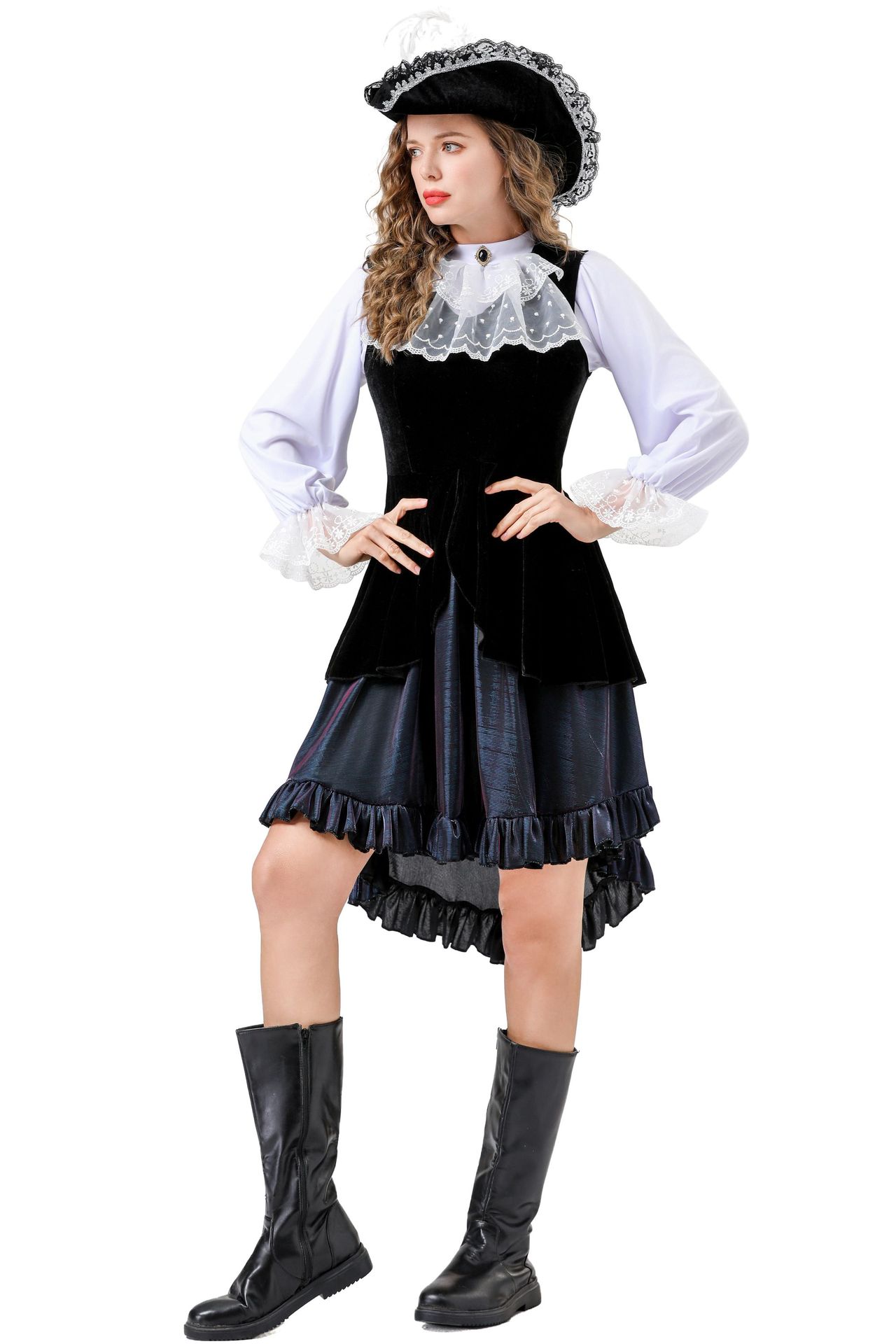 Halloween Victorian Gothic Steampunk Costume Dress with White Lace Details